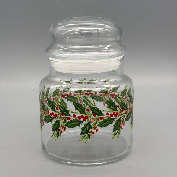 Vintage Christmas Libbey Holly & Winter Red Berries Glass Candy Jar - Picture 2 of 5